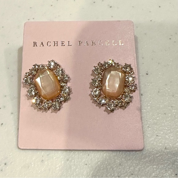 NWT Rachel Parcell Earrings gold tone rectangle peach crystal & clear rhinestone - Picture 4 of 9